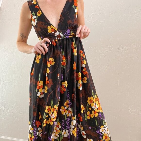 Vintage Floral Maxi Dress - Black, Orange, Purple - Picture 4 of 9